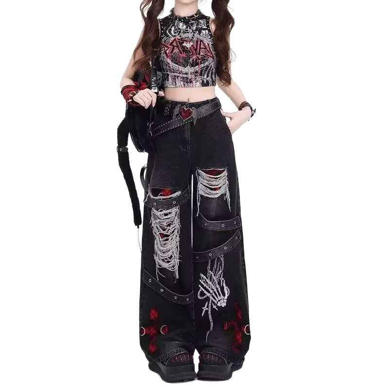 Womens Vintage Washed Distressed Ripped Jeans