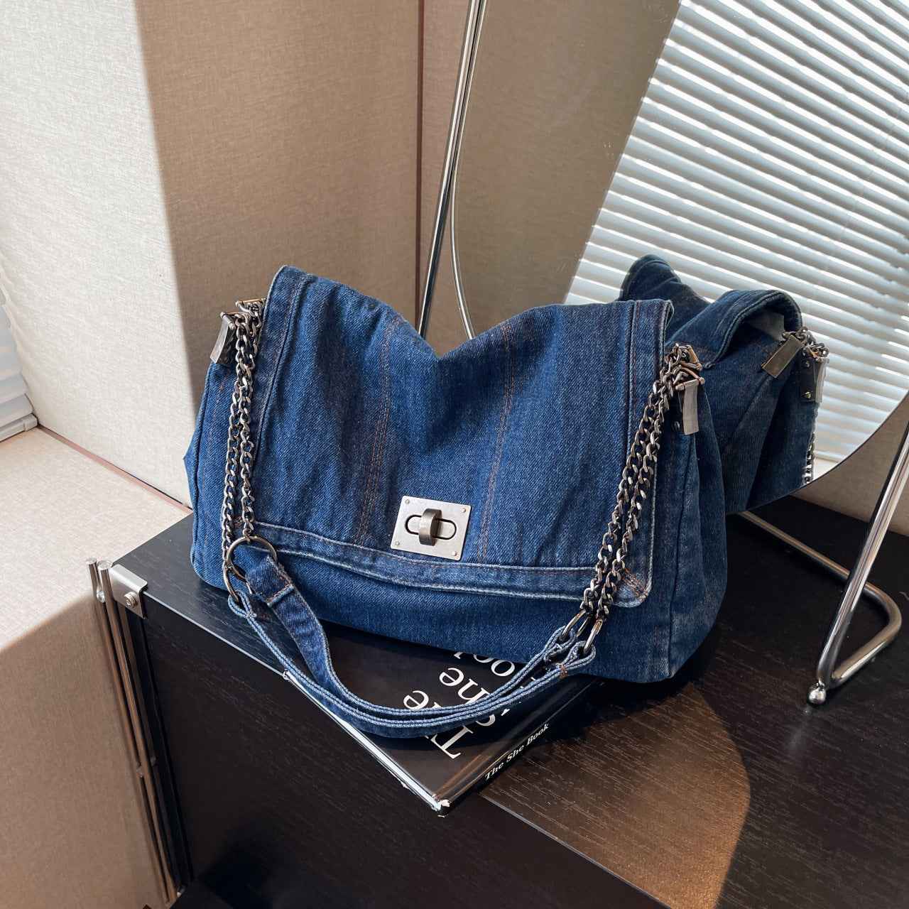 Versatile Denim Tote For Women Chic Crossbody Bag With Chain Strap, Spacious Casual And Work Purse