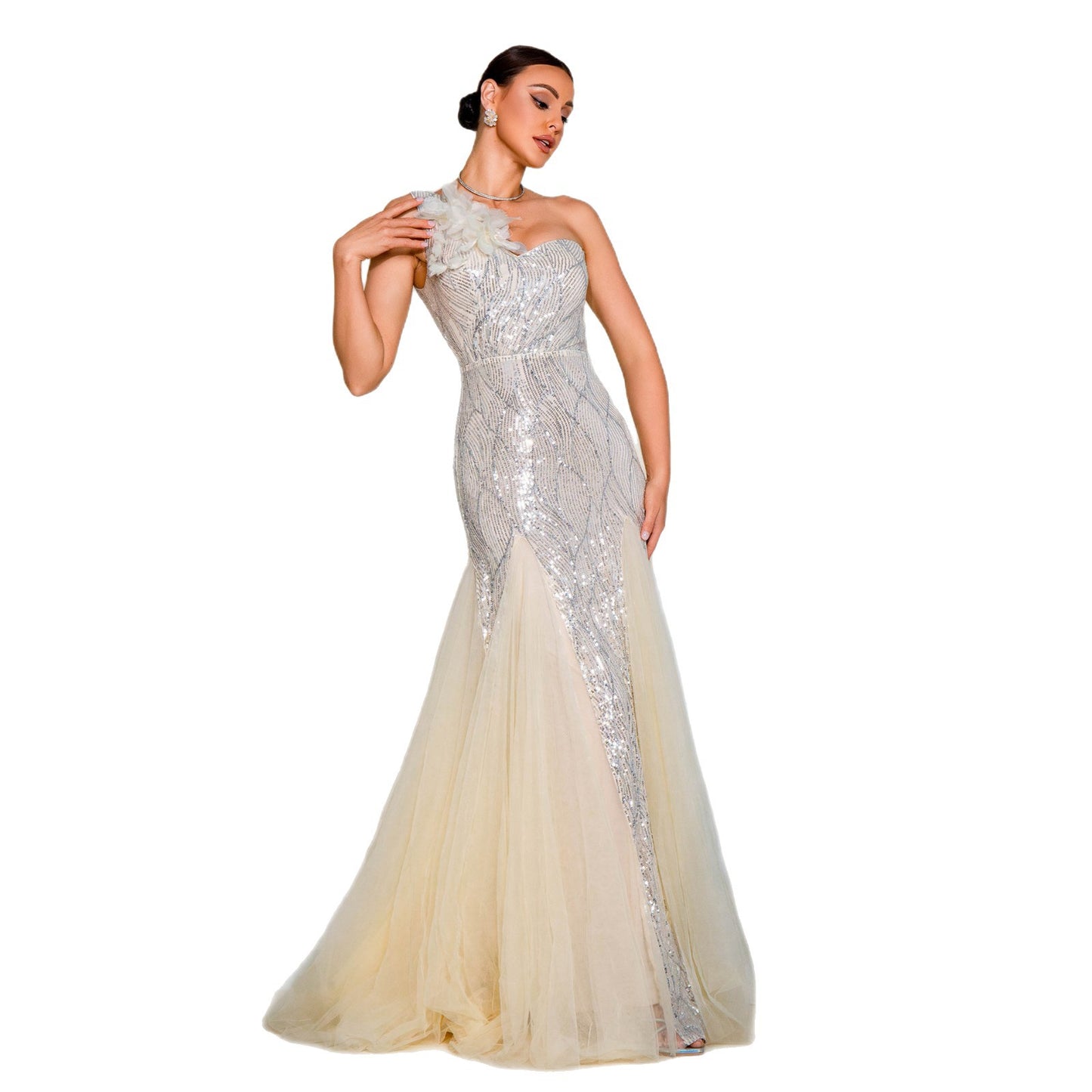 One-shoulder Diagonal Collar Slim-fit Sheath Sequined Slit Evening Dress by Mirlaine Univers