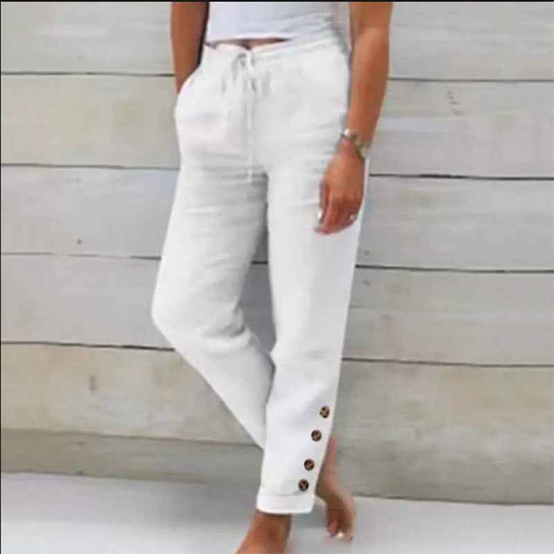 Autumn Solid Color Cotton Linen Straight Casual Button Trousers For Women