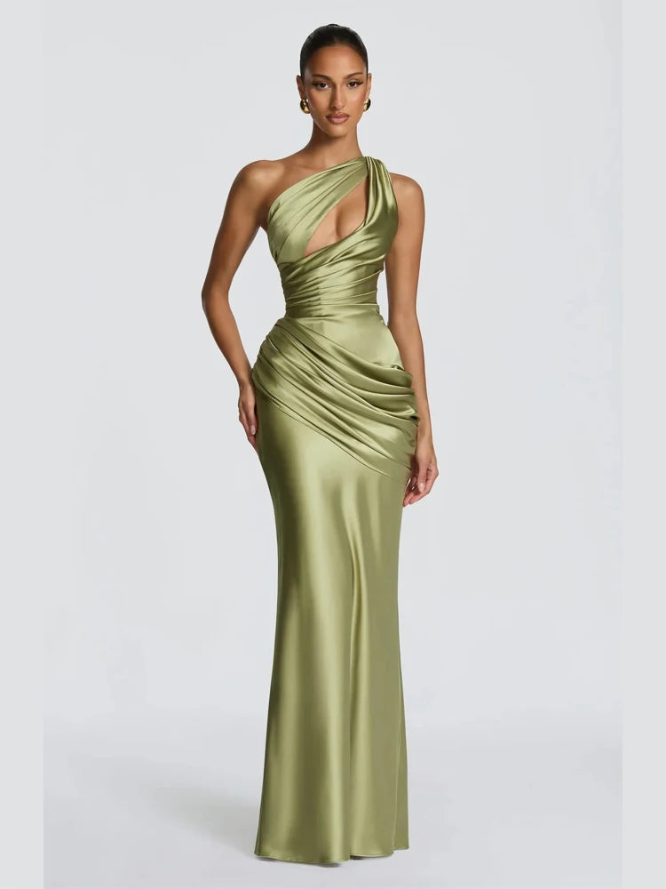 Women Green Ruched Elegant Satin Maxi Dress Mermaid One-shoulder Cutout Slim Fit Flowy Vestido 2026 Lady Summer Evening Vestidos