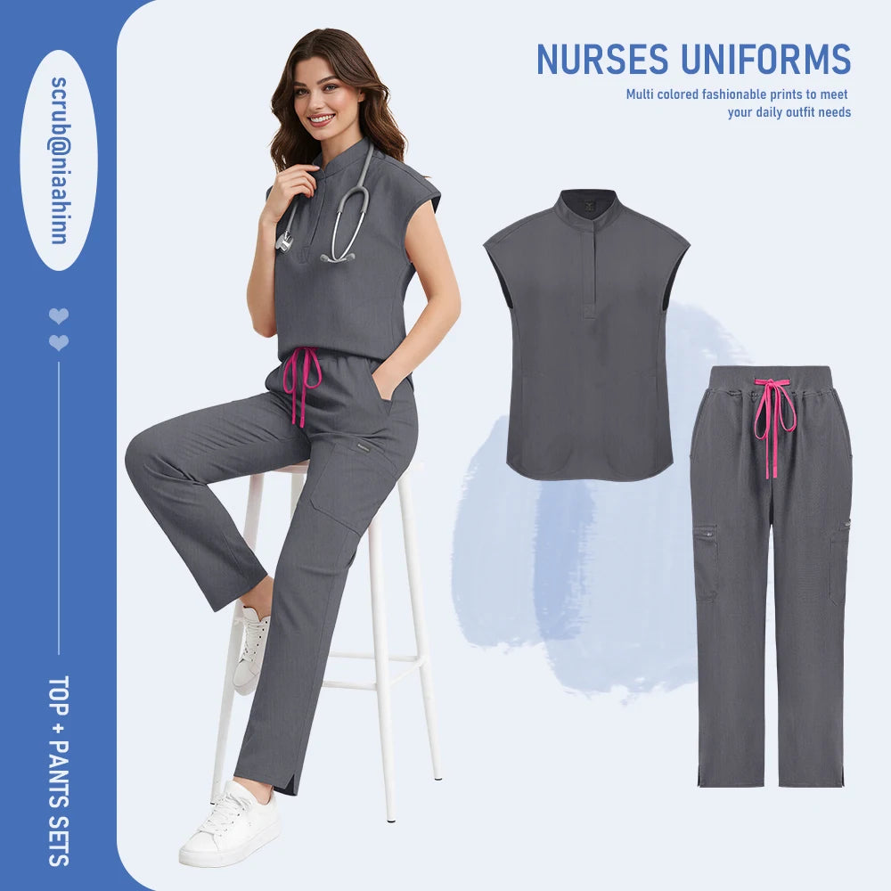 Niaahinn Scrub Women High Quality Short Sleeve Top Wide Leg Pants Hospital Uniforms Stretch Scrubs Medical Nursing Uniform Sets