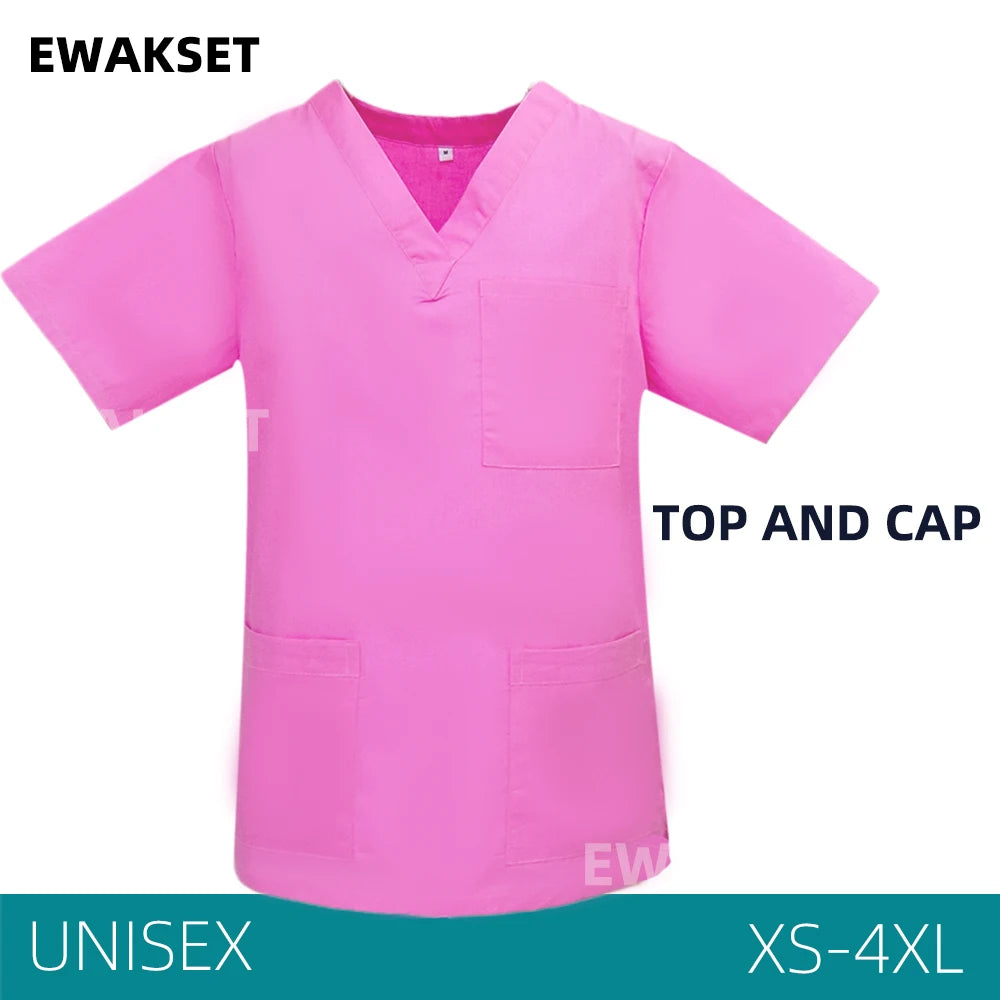 Unisex Solid Surgical Top 100% Cotton Shirt medical Uniforms Short Sleeve V-neck 3 Pocket Scrub Tops for Women Men