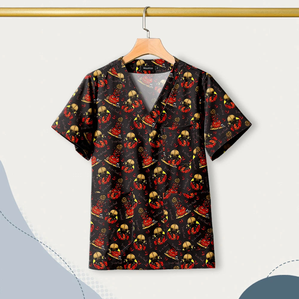 Nursing Uniforms Cartoon Printed Medical Elastic Hospital Doctor Unisex Halloween Christmas Costumes Women Men Nurse Scrubs Tops