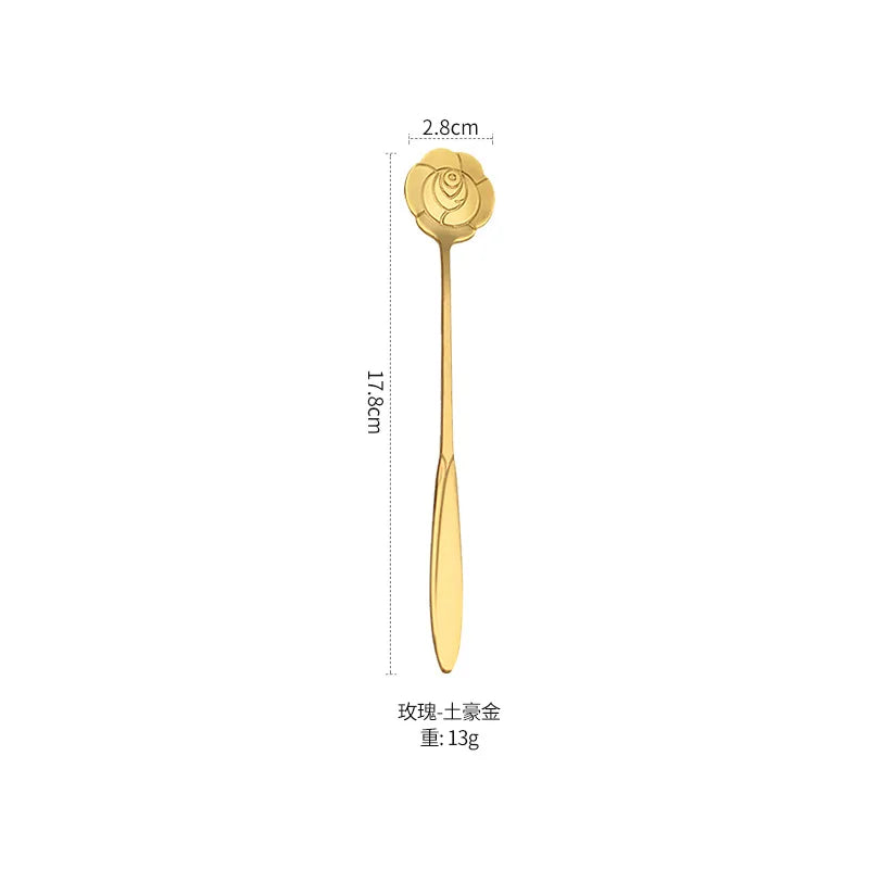 1pcs Stainless Steel Cherry Rose Flower Gold Scoop Coffee Spoon Gifts Kitchen Dessert Tea Accessories Tableware Decoration