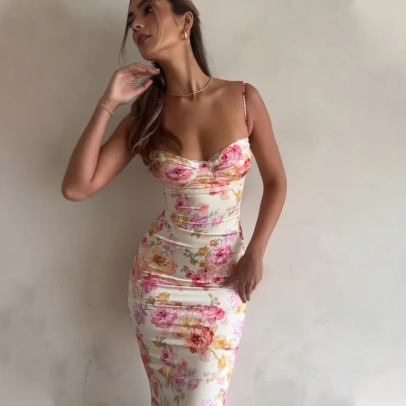 Floral Suspender Split Spaghetti Strap Beach Dress