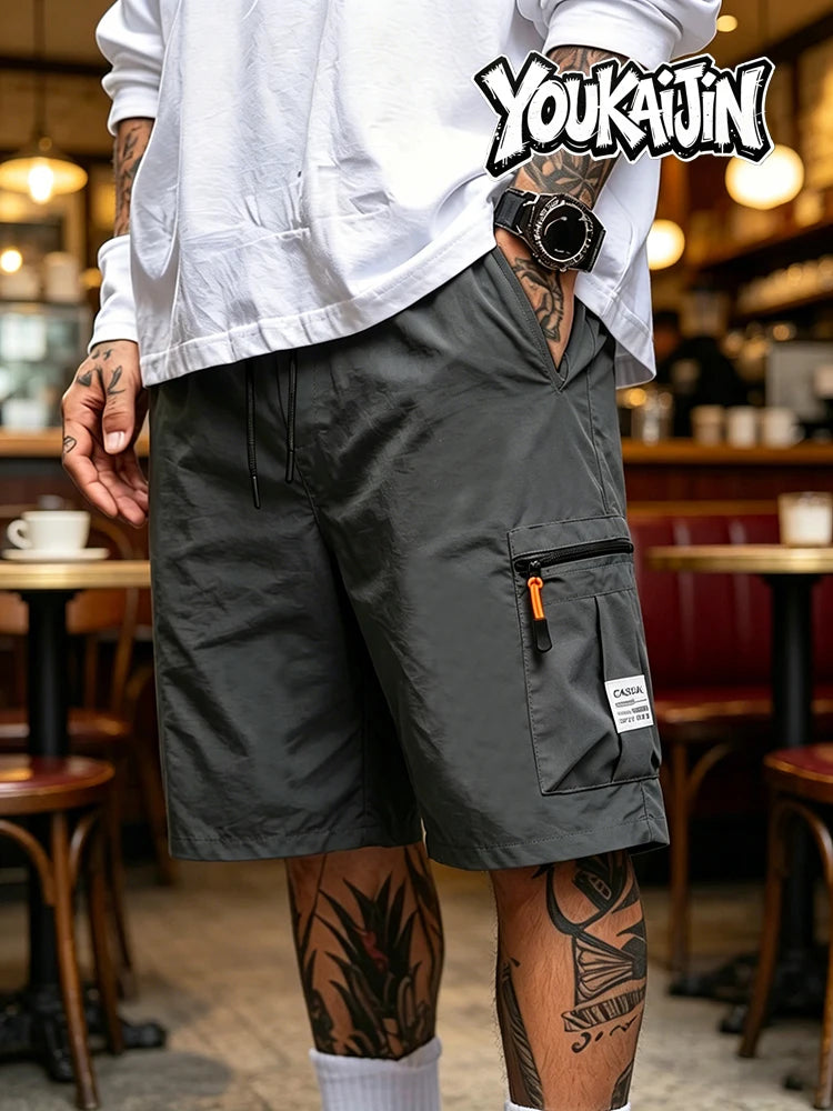Summer Men's Quick Dry Cargo Shorts Loose Fit Elastic Waist Drawstring Multi Zipper Pockets Outdoor Fishing Hiking EU Size