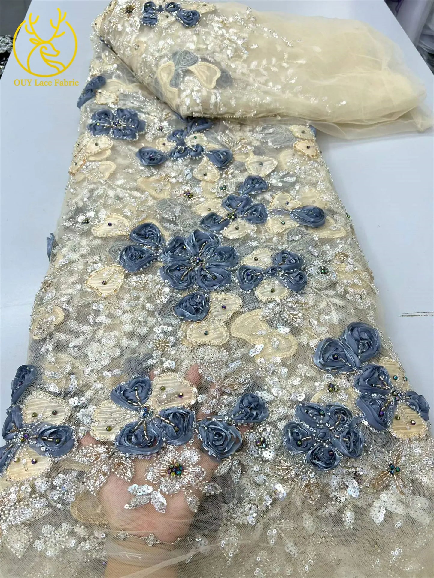 Beautiful Nigerian 3D Flower Lace Fabric 2026 African Beaded Sequins Lace Fabric French Embroidery Tulle Lace Wedding Dress