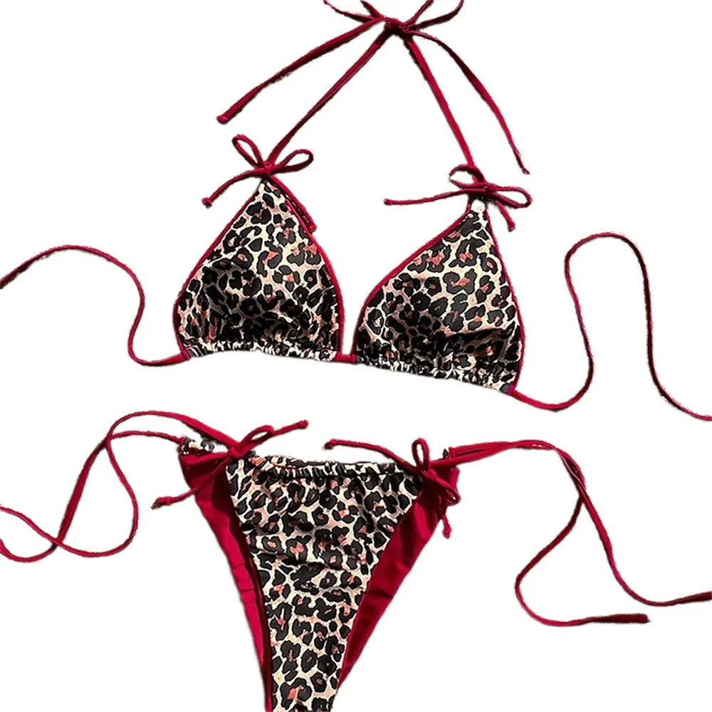 Red Leopard Bikinis Sets Bowknot Triangle String Backless Swimsuit Push Up Halter Extrem Swimwear Thong Women Beach Bathing Suit