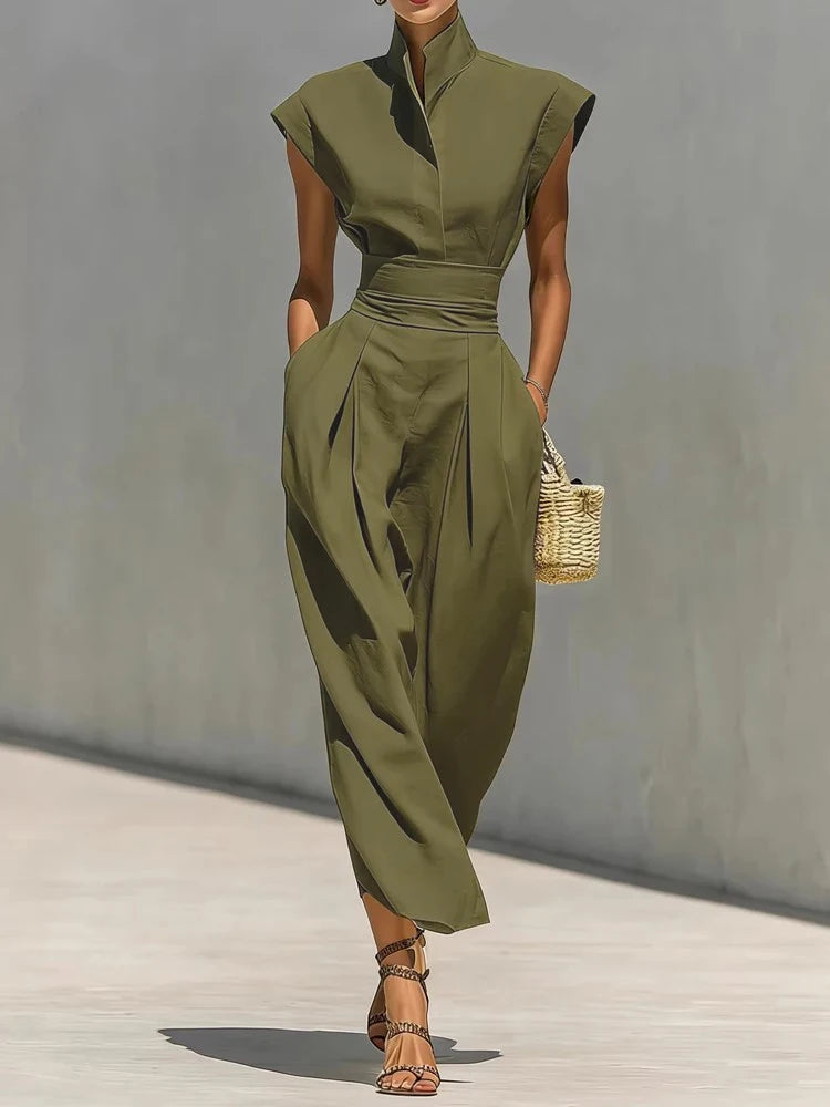 Summer New High Waist Pocket Dress Elegant Lady Slim Pleated Midi Dresses Fashion Solid Stand Collar Sleeveless Commuting Dress
