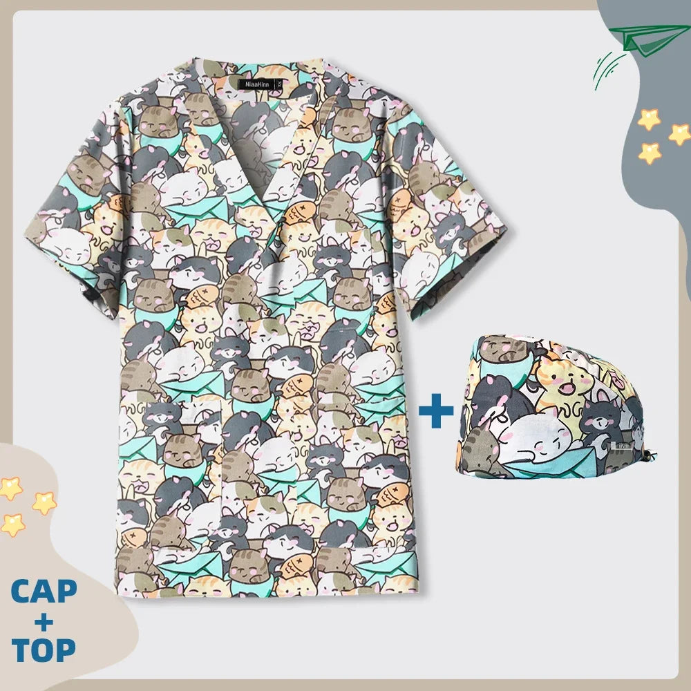 Print Dogs/Cats/Rabbit Scrub Tops Women Men Medical Scrub Shirts Pet Shop Vet Workwear Doctor Nurse Uniform Dentist Overalls Cap