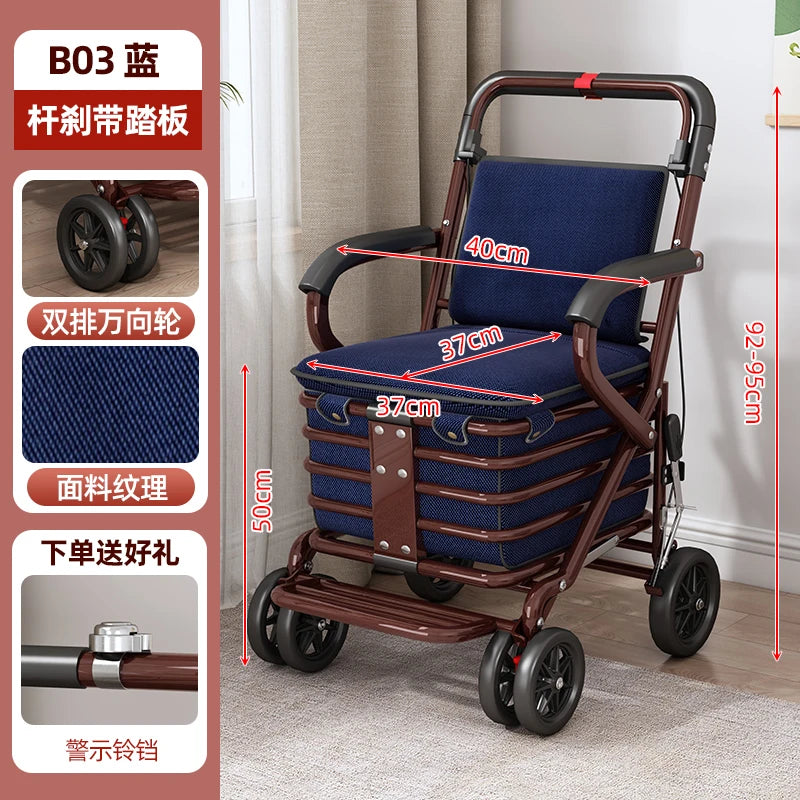 Foldable Shopping Cart with Seat 4 Wheel Walker Push Cart Large Capacity Grocery Trolley for Elderly Outdoor Mobility