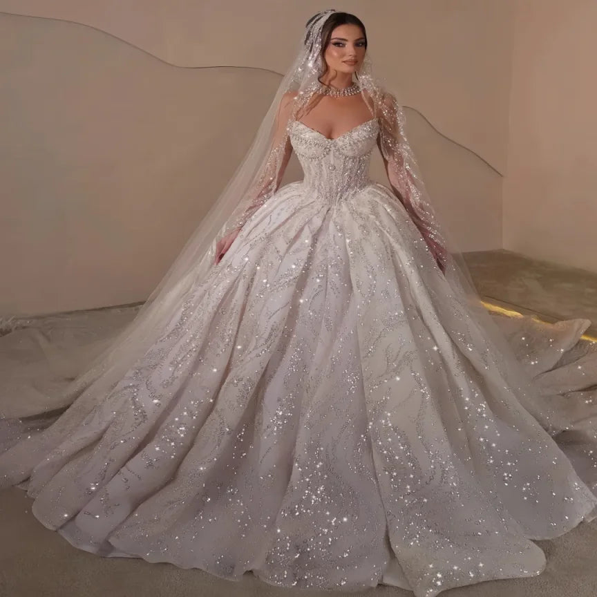 Luxury Sweetheart Sparkling Princess Wedding Dress Customized Sparkling Pearl Bridal Ball Dress Strapless A-line Bridal Dress
