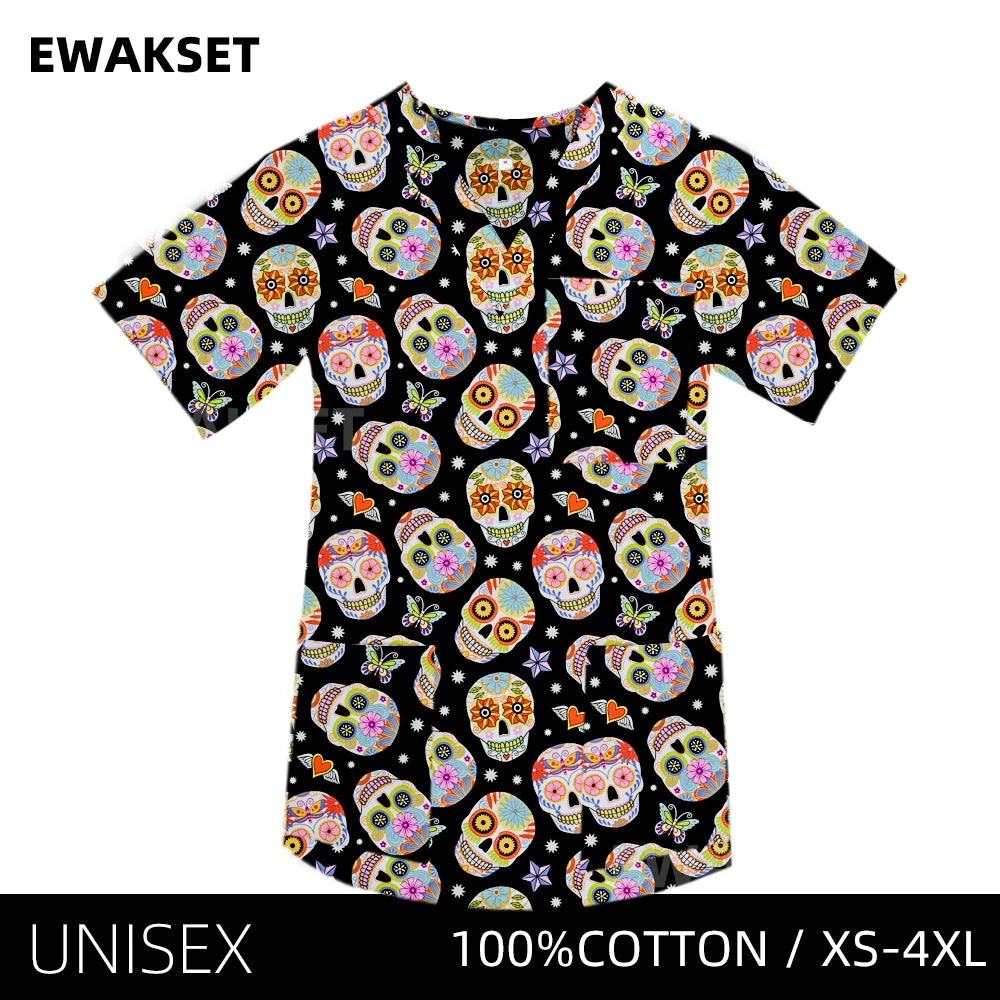 New Top for orthopedics Cotton bones skeleton printed Medical Blouse V-neck Nurse Doctor Operating T shirts Unisex Scrub Clothes