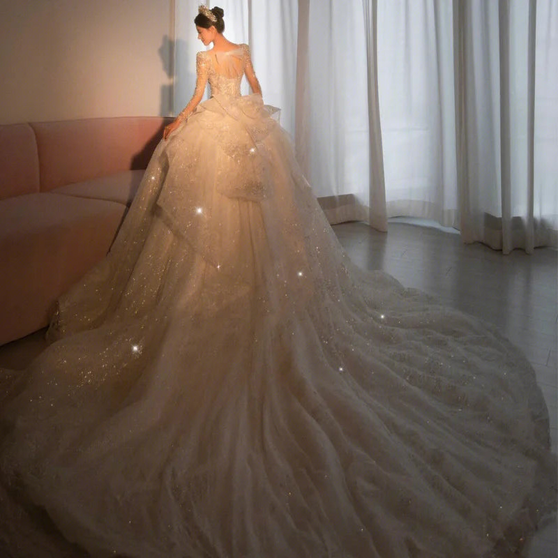 2024 Long Sleeve Beading Wedding Dress Square Collar Luxury Sweep Train Winter Bridal Gowns Vestido De Noiva Customized