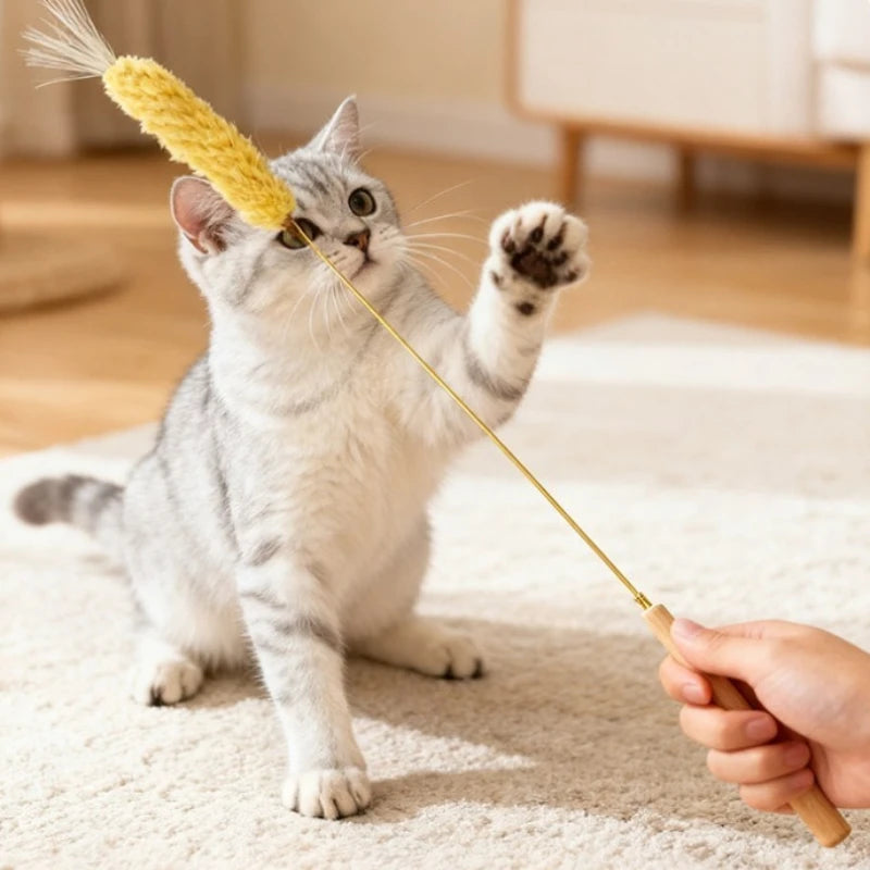 Cat Teaser Stick Toy Natural Bite Resistant Straw Bell Kitten Toy Pet Cat Teeth Cleaning Feather Teasing Stick Cat Accessories