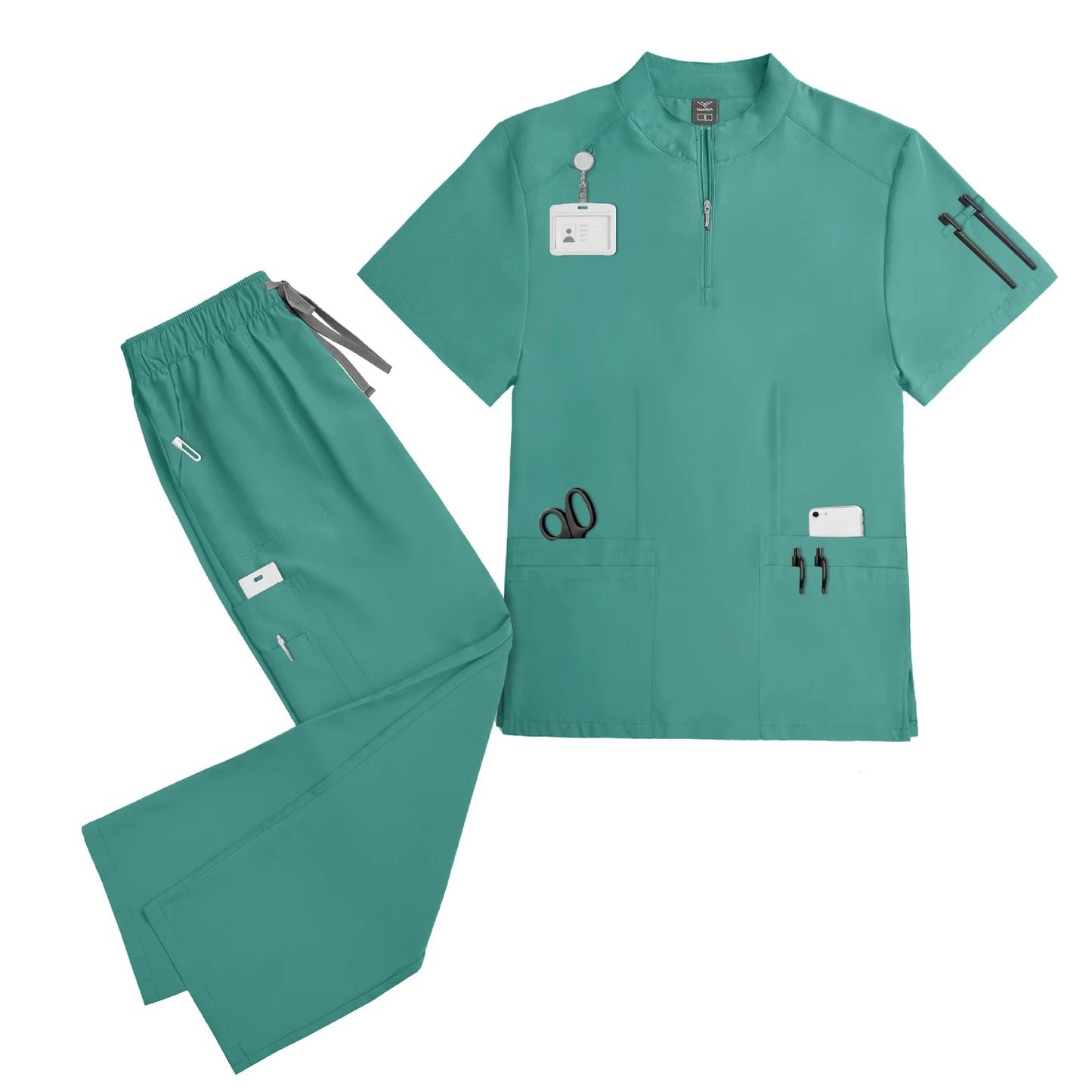 Elastic quick-dry scrub top, men's and women's surgical scrubs for doctors, beauty salon operating room scrub uniforms