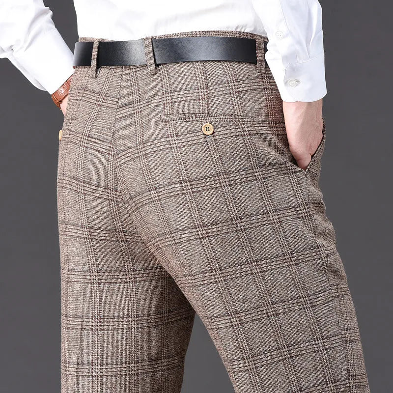 Flat Cashmere Suit Trouser For Male Loose Plaid Hight Waist Classic Straight Formal Mens Dress Pants Business Size 42 44