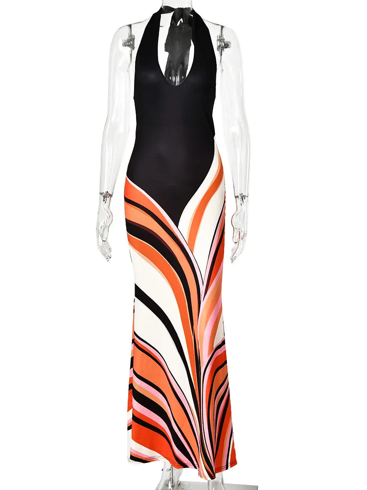 Halter Neck Backless Maxi Dress Women Colorful Swirl Print