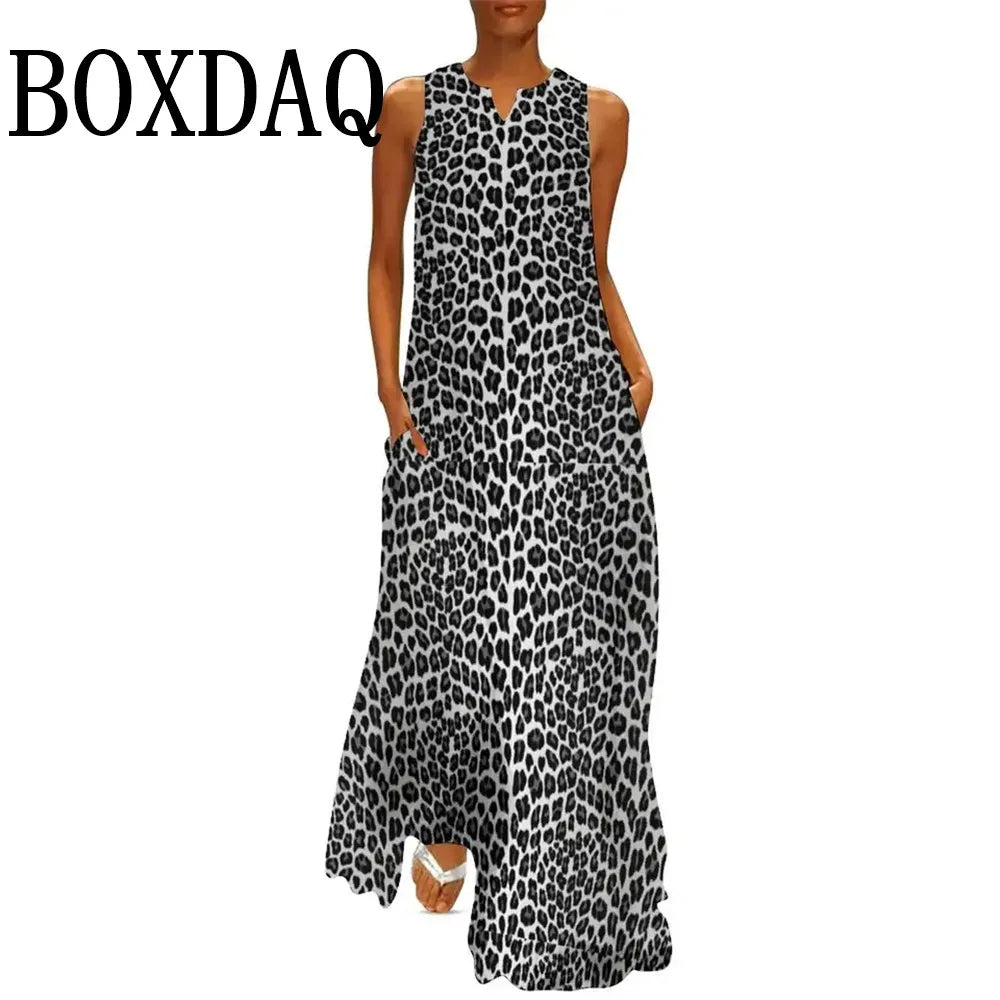Summer Women Leopard Graphic Print Dress Fashion Elegant Casual V-Neck Sleeveless Tank Long Dresses Ladies Sexy Loose Maxi Dress