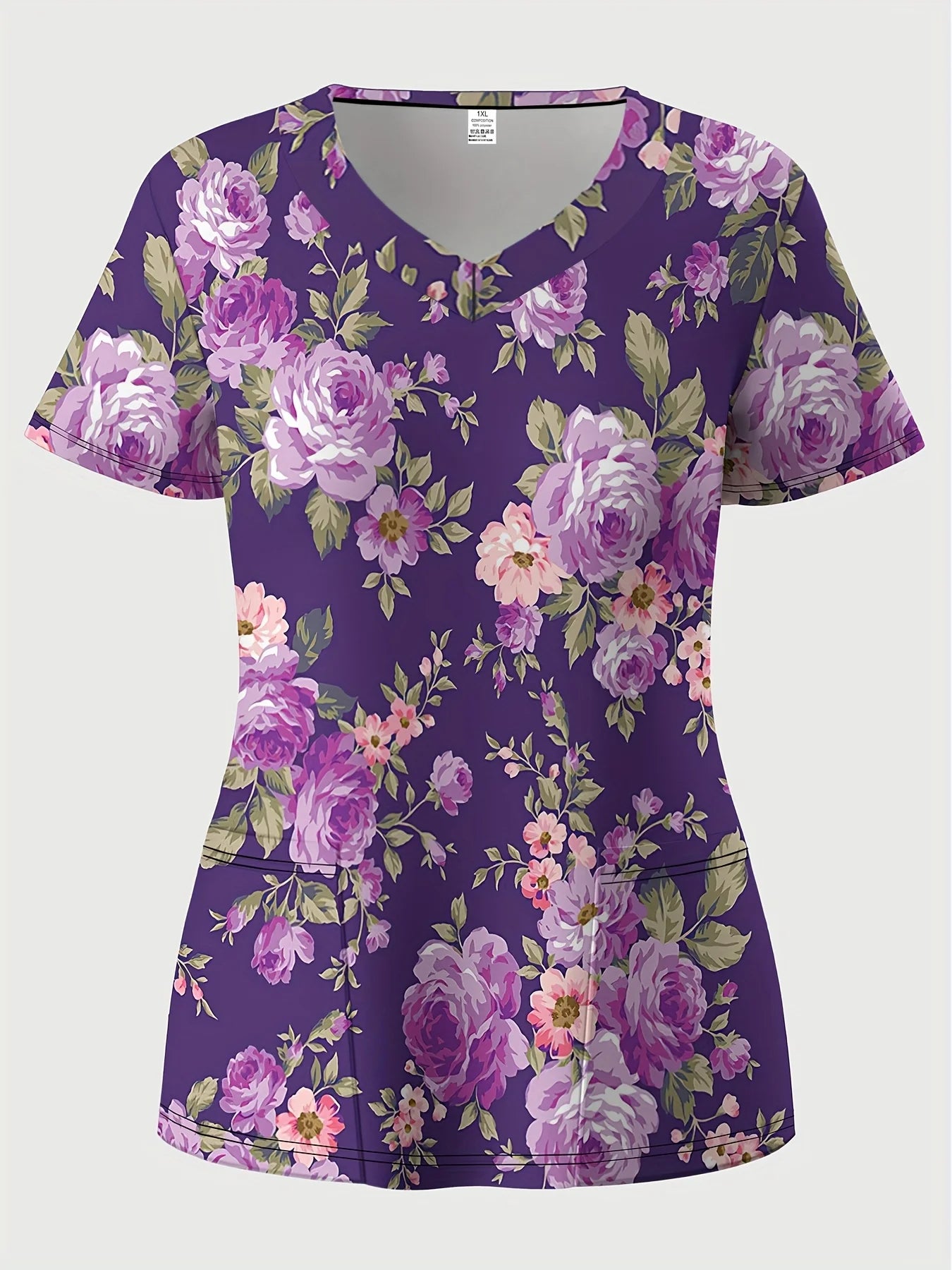 Fashion floral Nurse Uniform Short-Sleeve Shirt Commuting Work V-Neck Top Short Sleeves Functional Patch Pockets Women's T-Shirt