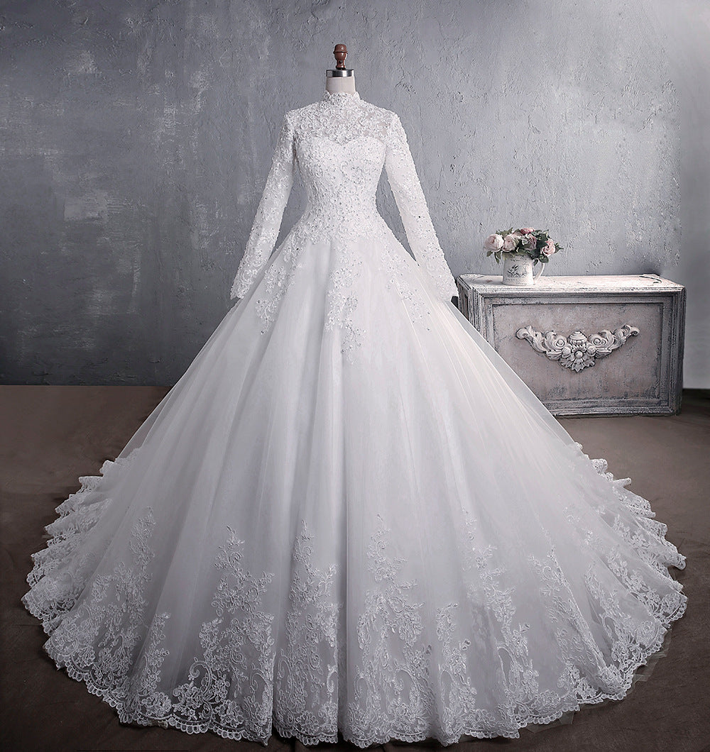 Lace Wedding Dress Bridal Stand-up Collar Long-sleeved Large Tail Large Size by Mirlaine Univers