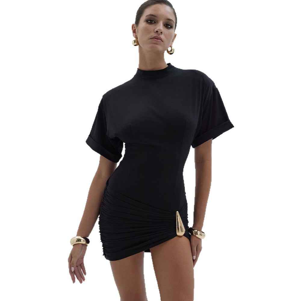 Women's Crew-Neck Half-Sleeve Pleated Sheath Dress