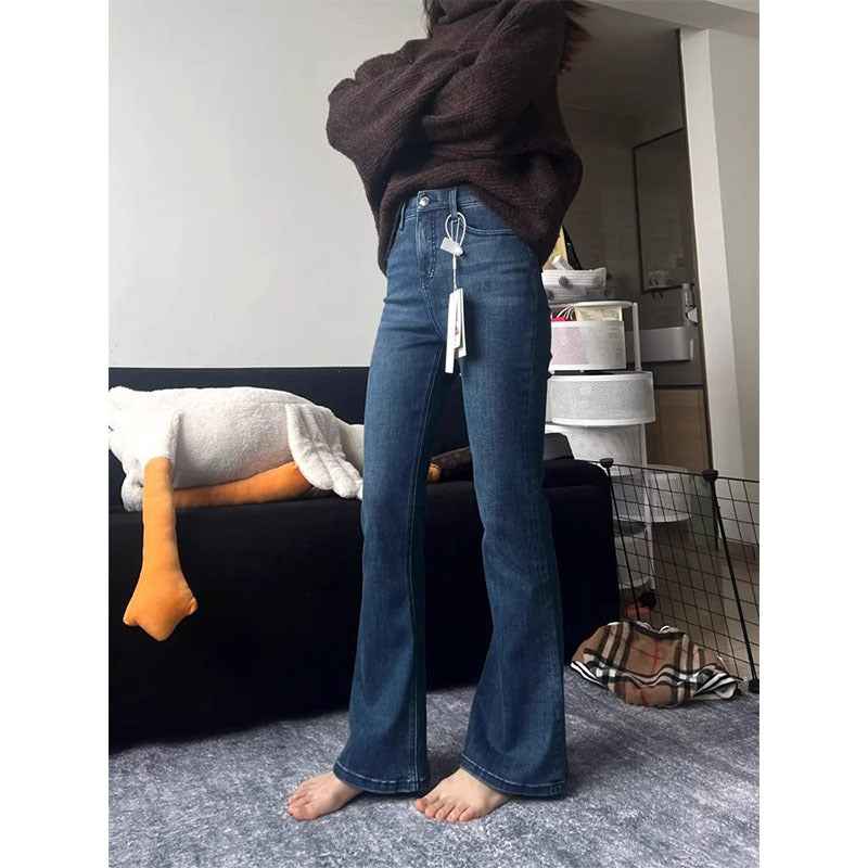FallWinter Plus-Size Dark Blue Flared Jeans For Shorter Women