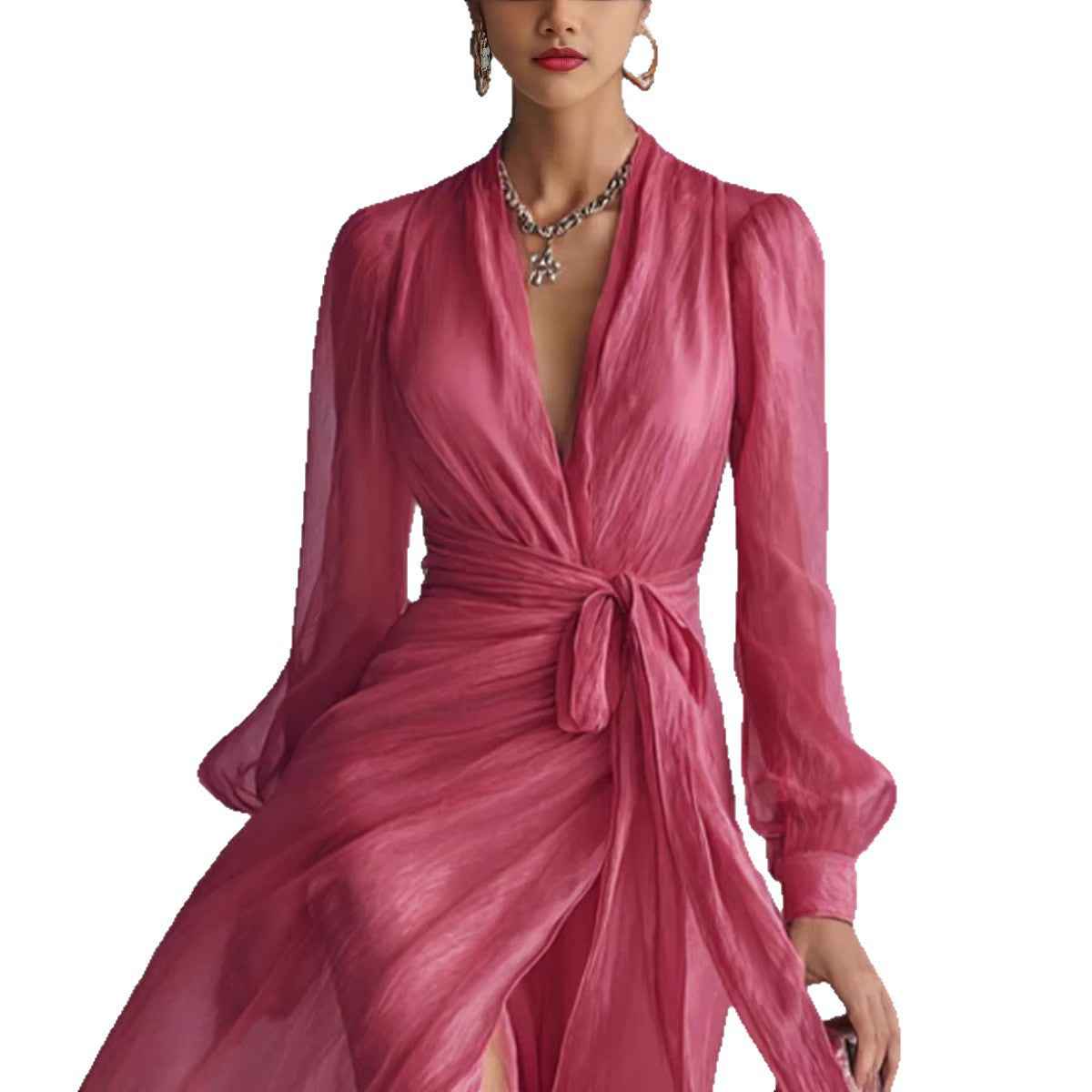 Casual Court-Style V-Neck Lace-Up Puff-Sleeve Dress