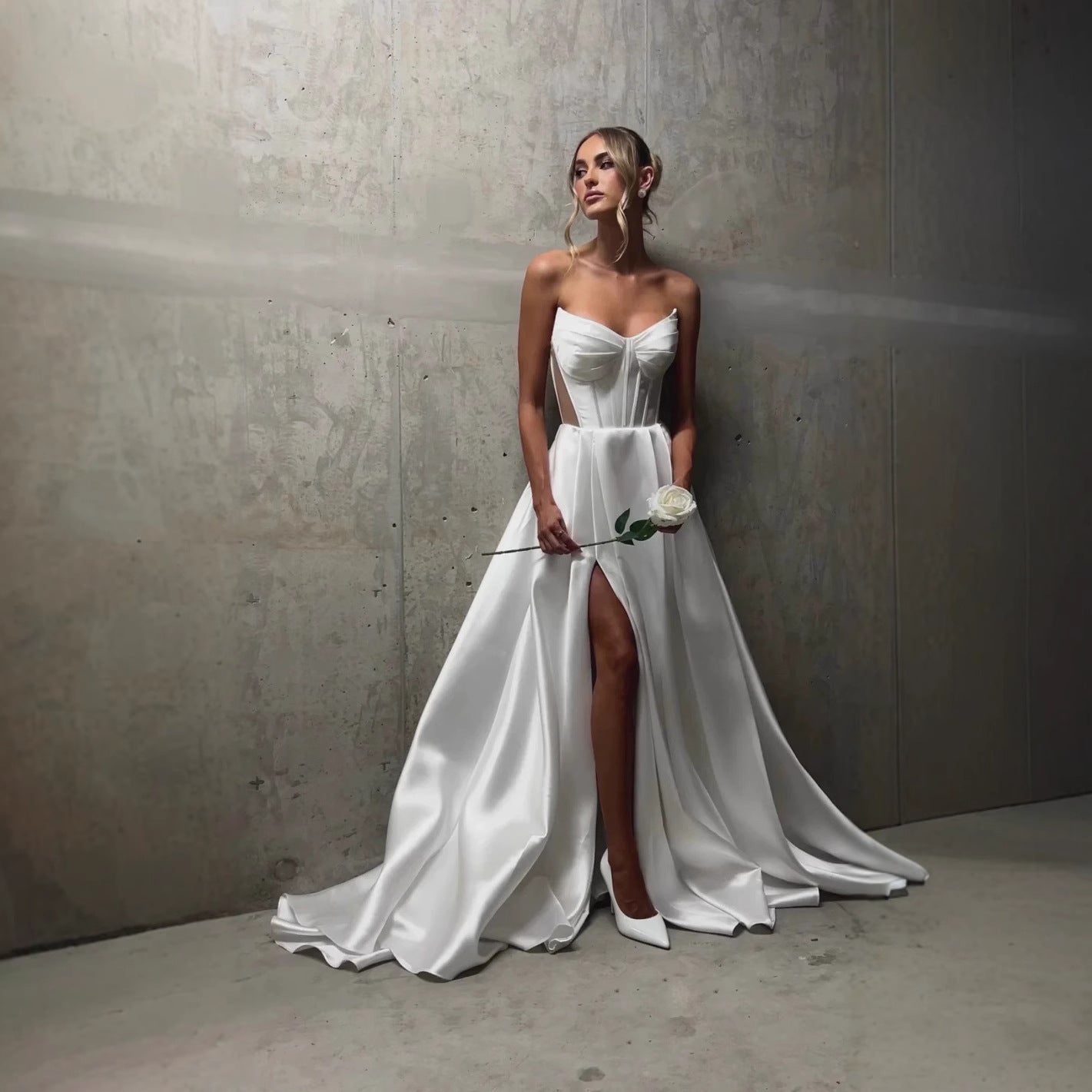 White Satin Slit Pocket Bandage Wedding Dress by Mirlaine Univers