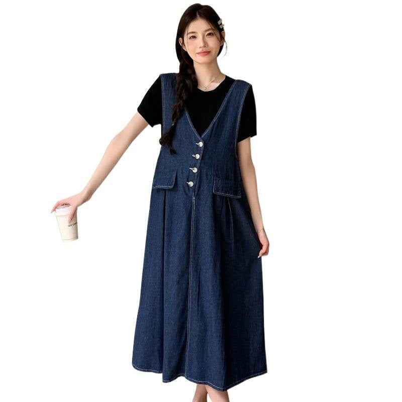 Plus-size Thin Denim Vest Skirt Base T-shirt Two-piece Set