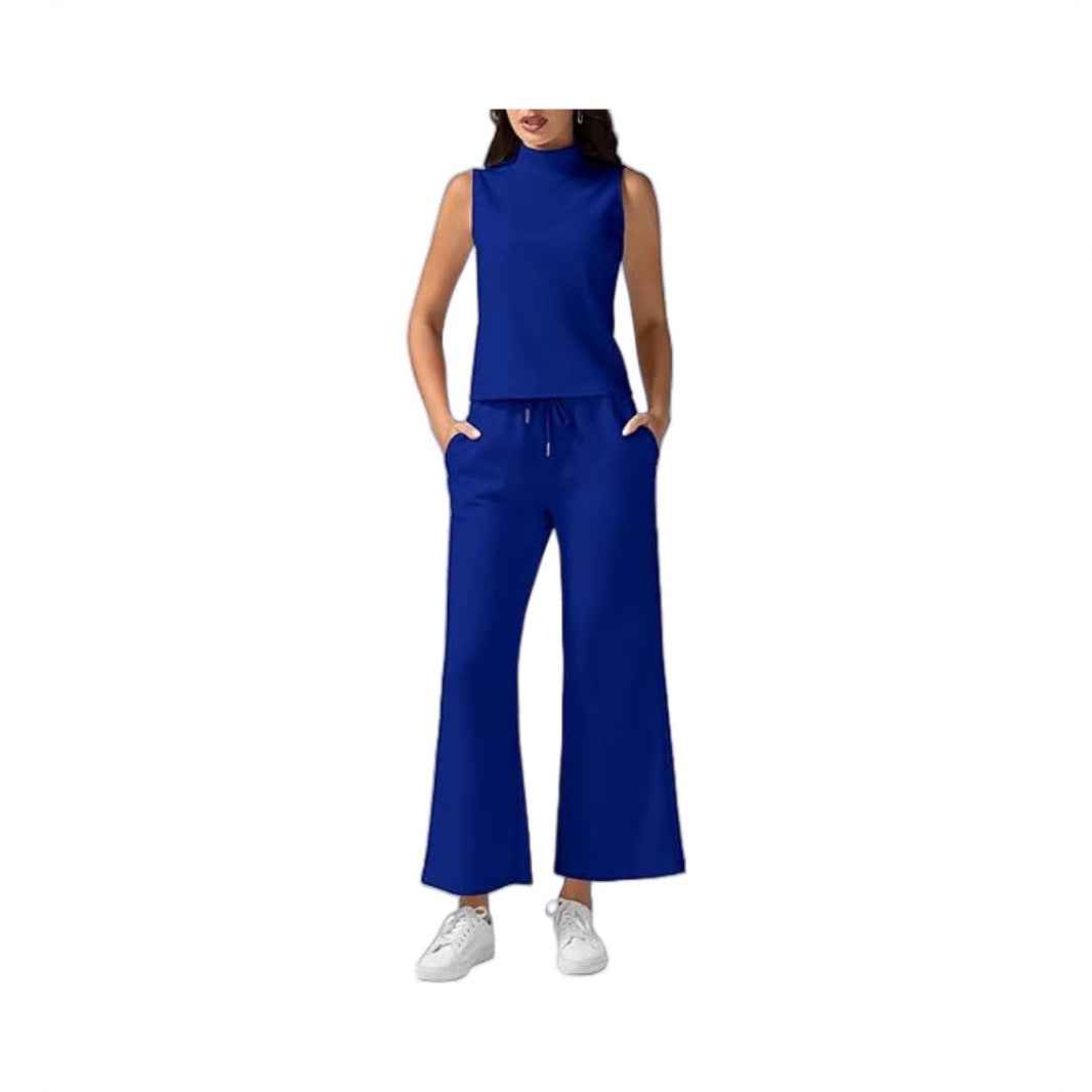 Turtleneck Slim-Fit Solid-Color Loungewear Cropped Pants Set With Drawstring