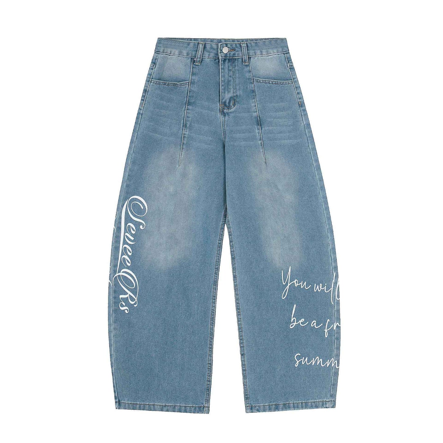 Korean-style Light-wash Wide-leg Denim Jeans For Women