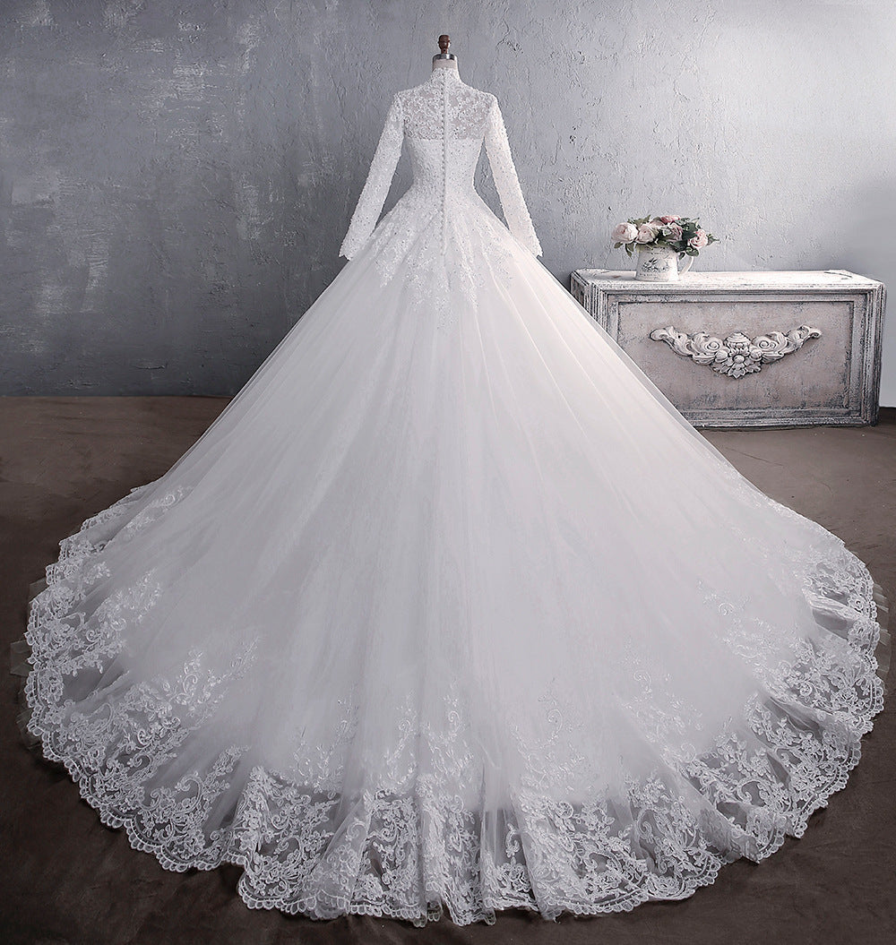 Lace Wedding Dress Bridal Stand-up Collar Long-sleeved Large Tail Large Size by Mirlaine Univers