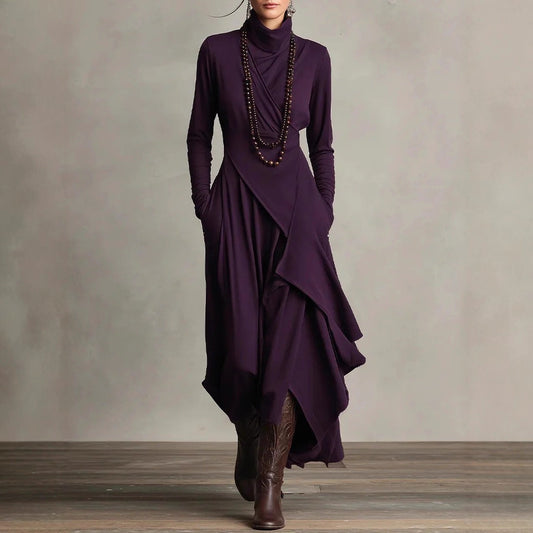 Women's Solid Color Cross-sleeve High-neck Dress by Mirlaine Univers