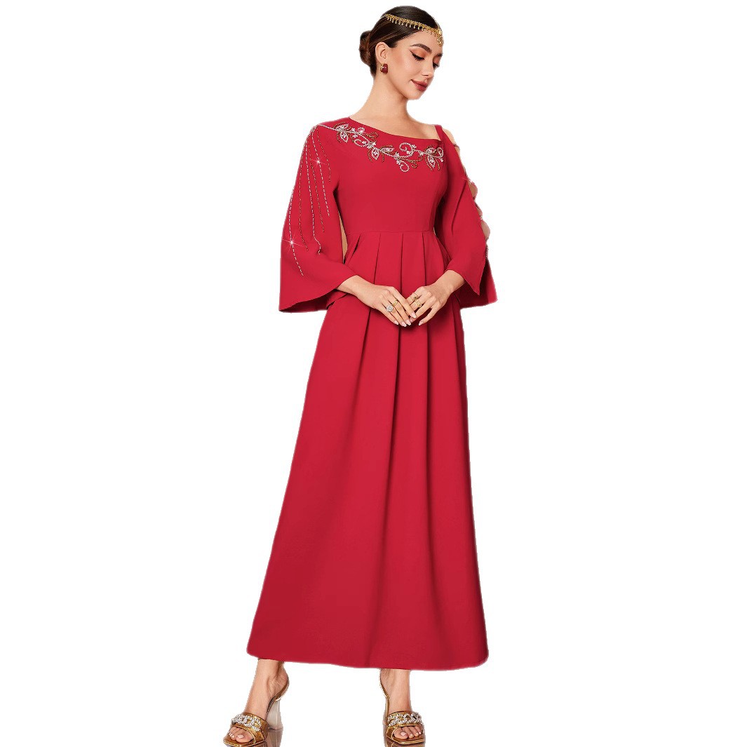 Red Designer Model Heavy Industry Hand Sewing Drill Off-the-shoulder Dress by Mirlaine Univers