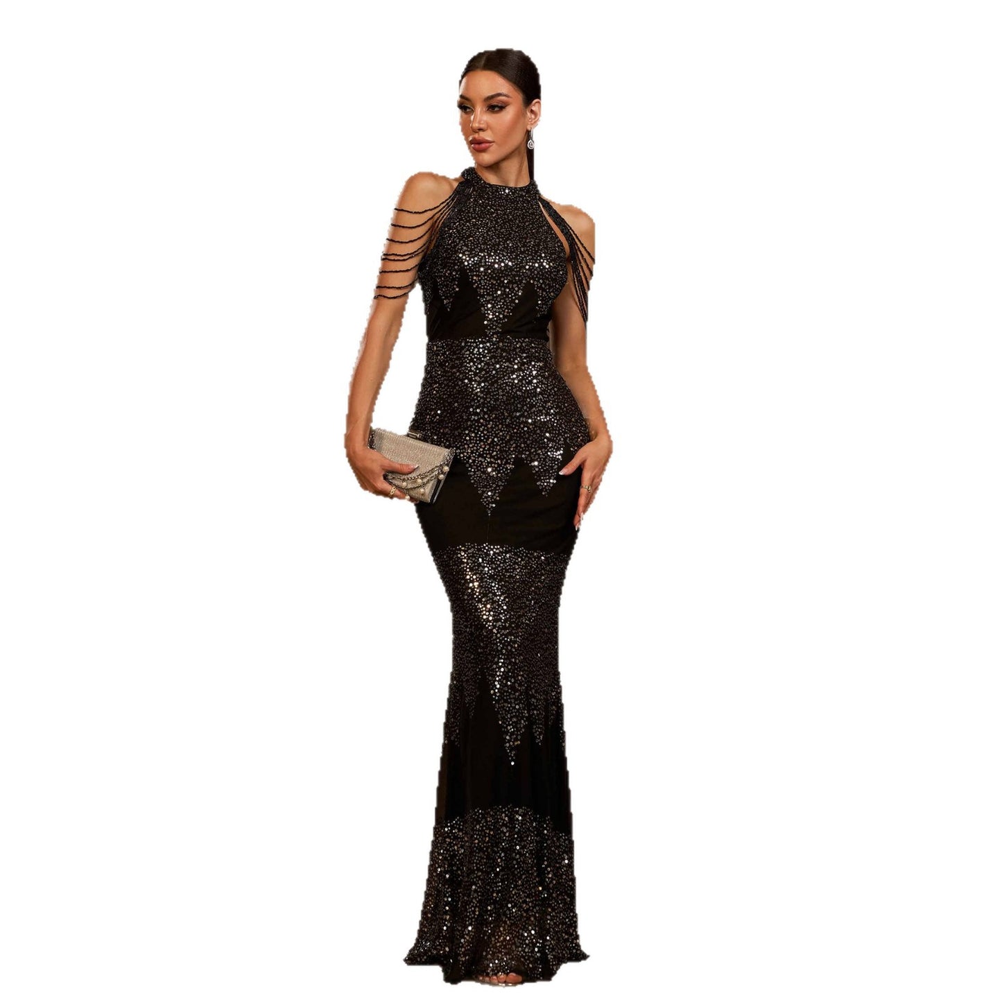 Halter Sequin Beads Slim-fit Evening Dress by Mirlaine Univers