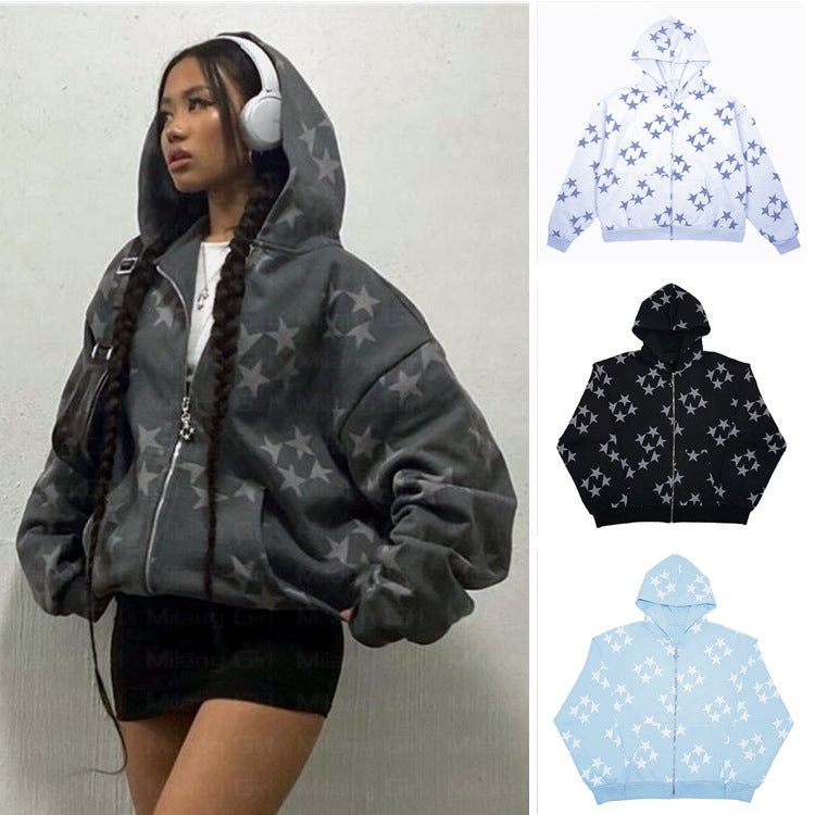 Stars Printed Zipper Hooded Cardigan Couple Fashion Outerwear Hoodies Sweatshirt Street Men Women Coat by Mirlaine Univers