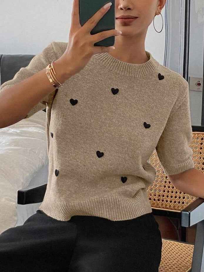 Womens Crew-Neck Pullover Heart Jacquard Knitted Sweater
