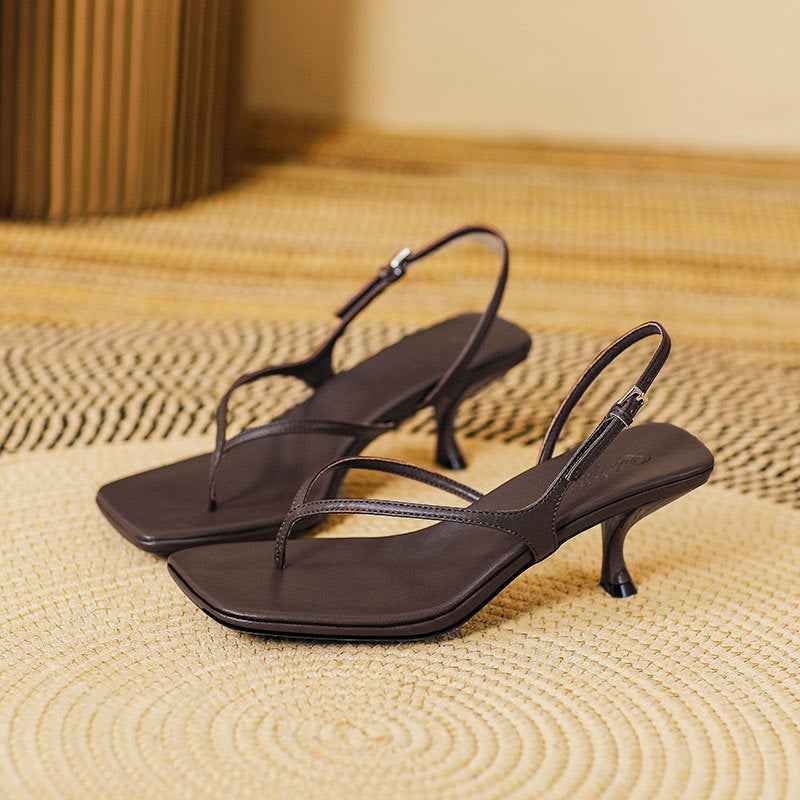 Soft Leather Square Toe High Heel Sandals For Women Summer