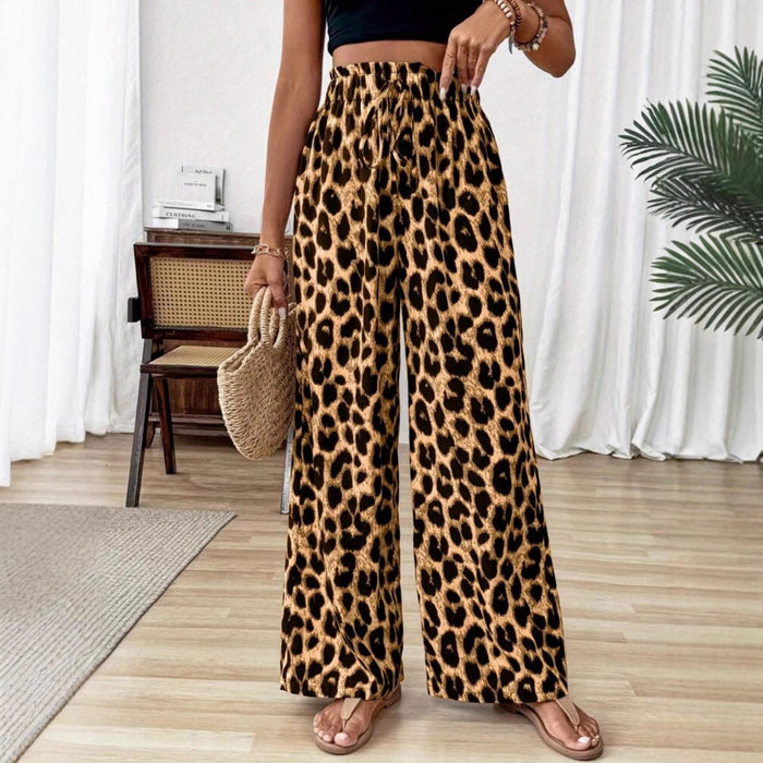 Pantalon femme taille haute à imprimé léopard, coupe droite ample et jambes larges