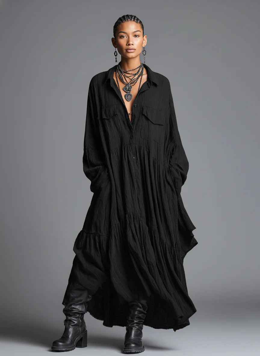 Artistic Retro Loose Pleated Long-Sleeve Shirt Dress