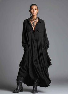 Artistic Retro Loose Pleated Long-Sleeve Shirt Dress