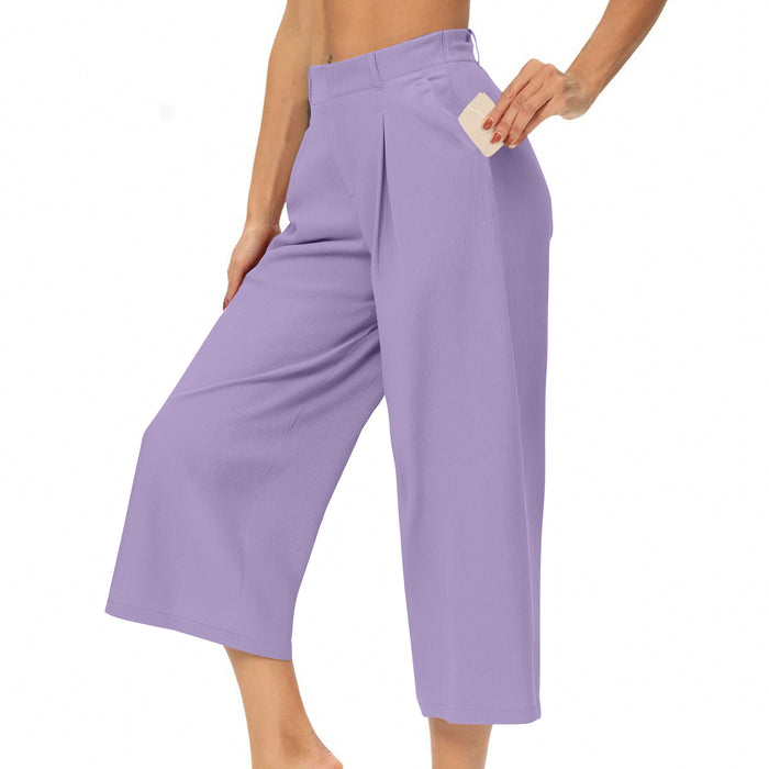 Pantalon Capri large décontracté taille haute de couleur unie pour femme avec poches latérales