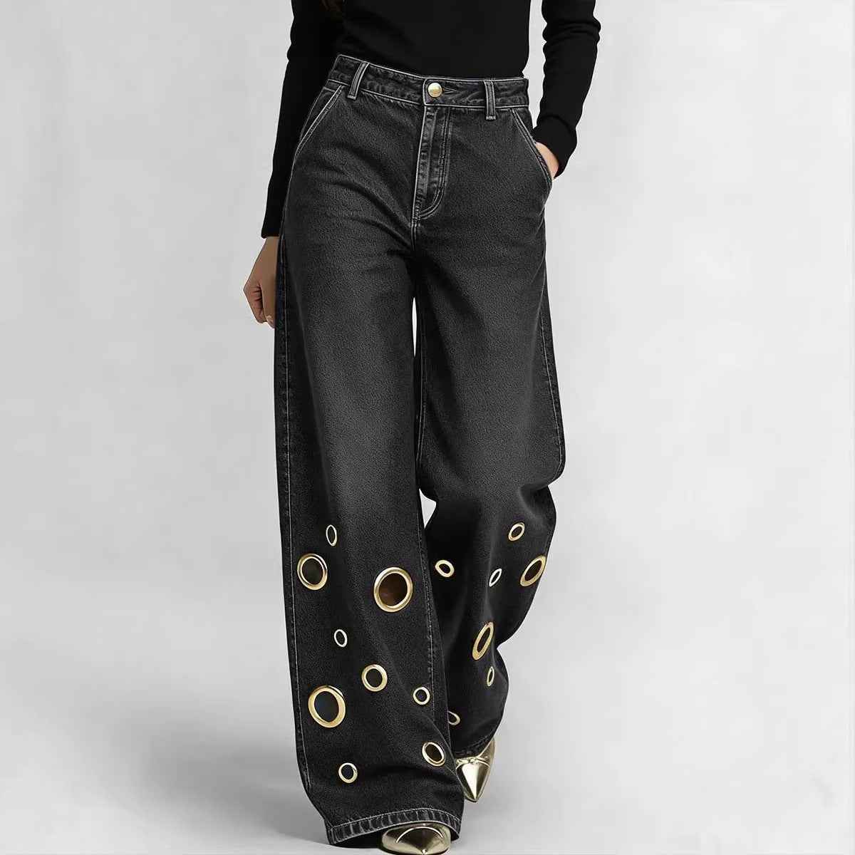 High-waisted Loose-fit Denim Jeans With Cutout Detailing And Metal Eyelets
