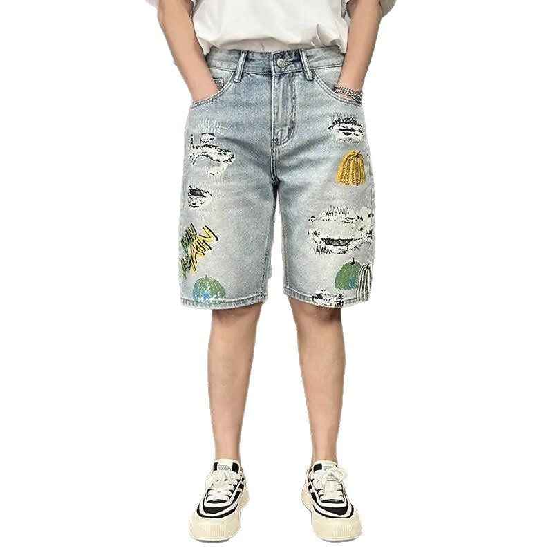 Retro Distressed Light-wash Cropped Ripped Shorts