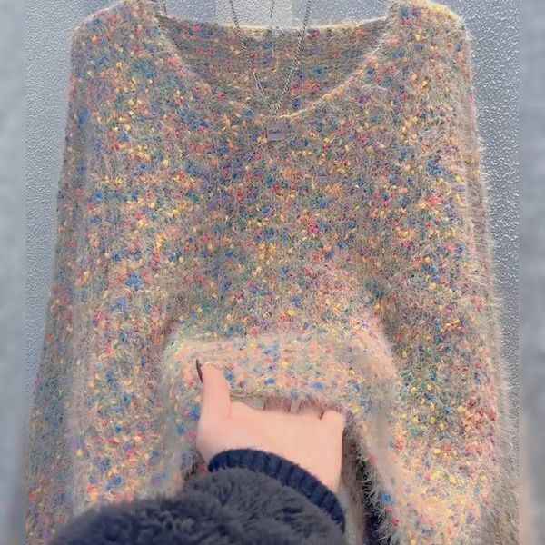 Women's V-neck Pullover Short Colorful Polka Dot Sweater