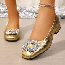 Women's Gold Crocodile Print Square Toe Rhinestone Buckle Low Heel Pumps Elegant Dress Shoes