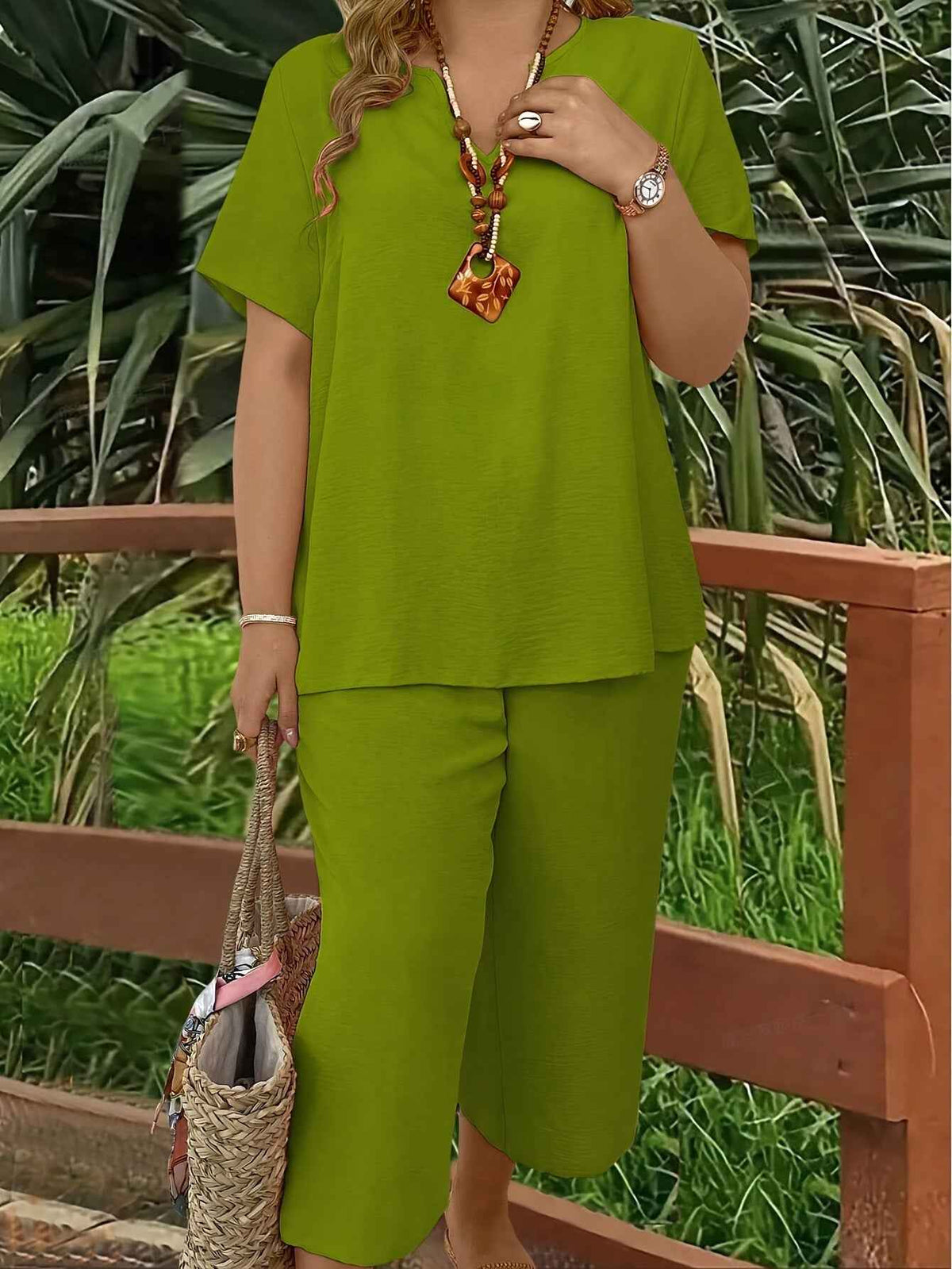 Solid-color V-neck Short-sleeve Top And Wide-leg Pants