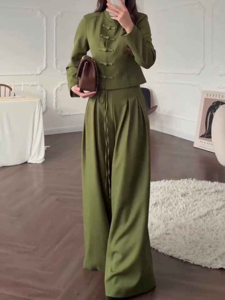 Mandarin Collar Knot Crop Top & Drawstring Wide Leg Pants 2-Piece Set